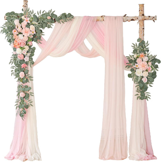 Deluxe Pink Artificial Wedding Arch Flowers with Drapes Kit-Pack of 5, 2pcs Flower Arrangements 3pcs Hanging Sheer Drapes Blue Ceremony Arbor Reception Backdrop Rose Floral Decorations.