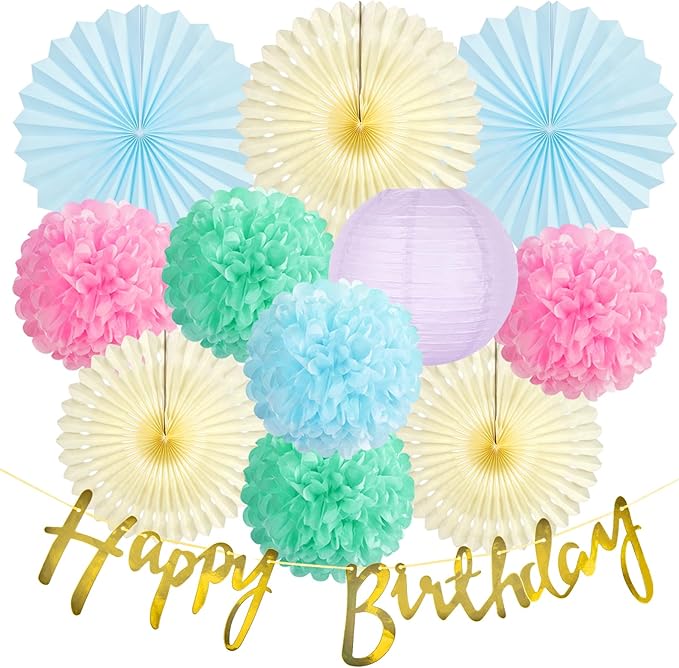 SUNBEAUTY Pastel Birthday Party Decorations for Girls Women with Happy Birthday Banner Pastel Paper Fans Tissue Pom Poms Lantern Decorations Birthday Decorations Kit