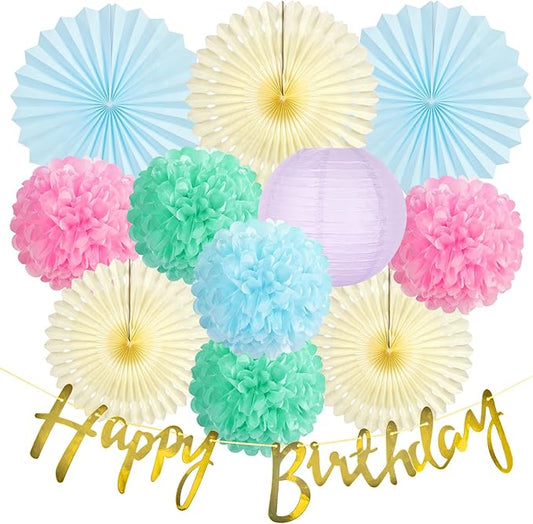SUNBEAUTY Pastel Birthday Party Decorations for Girls Women with Happy Birthday Banner Pastel Paper Fans Tissue Pom Poms Lantern Decorations Birthday Decorations Kit