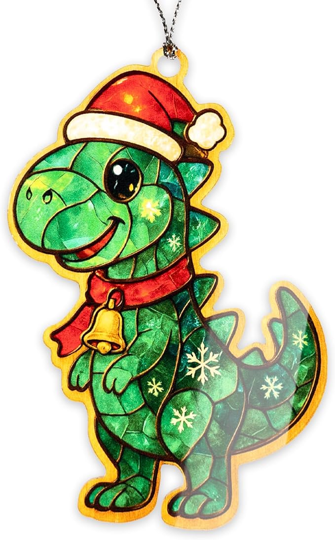 Dinosaur Ornament – Cute T Rex – Kids Holiday Tree Decor – Greeting Card – Christmas Dinosaur Ornament – Suncatcher Effect Stained Glass Window Hanging – Car Hanging