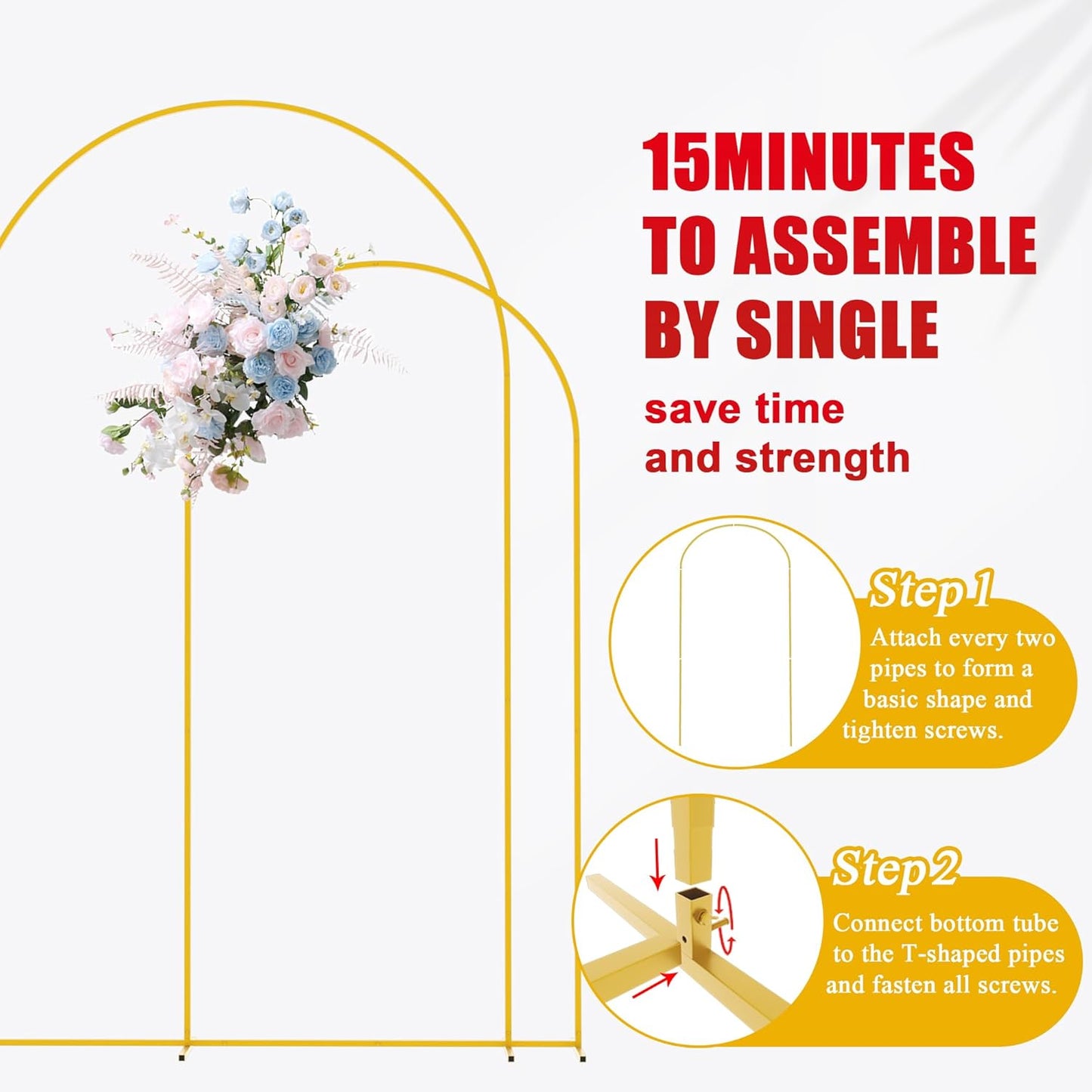 Putros Wedding Arch Stand Gold Metal Arch Stand Set of 2 (8FT/6.6FT) Chiara Arched Frame for Birthday Party Baby Shower Ceremony Graduation Decoration