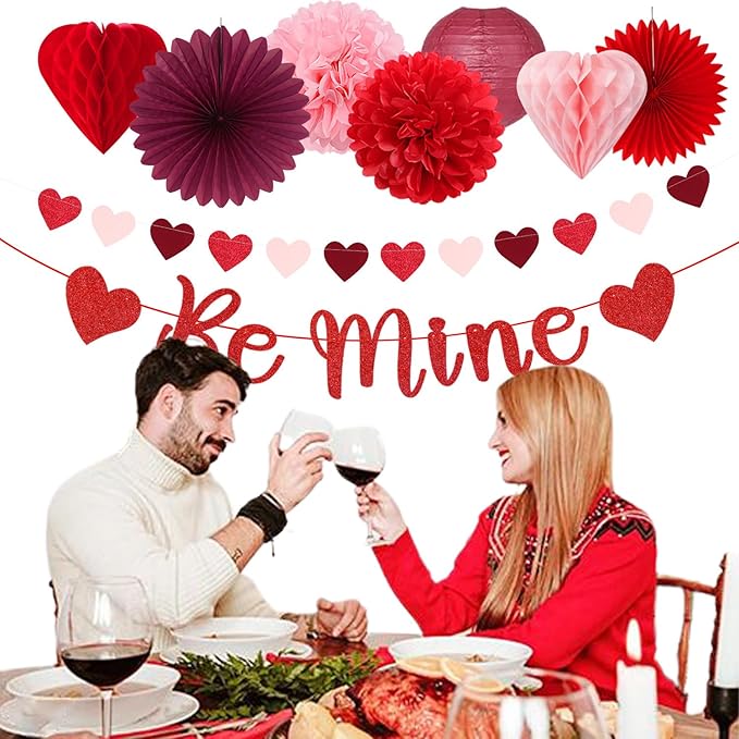 Pink-Red Burgundy Valentines-Day Galentines Party-Decorations - 22pcs Be Mine Love Banner,Paper Lanterns Honeycomb Balls,Tissue Pom Poms Flowers Fans,Happy Anniversary Decor Supplies Hugmoon