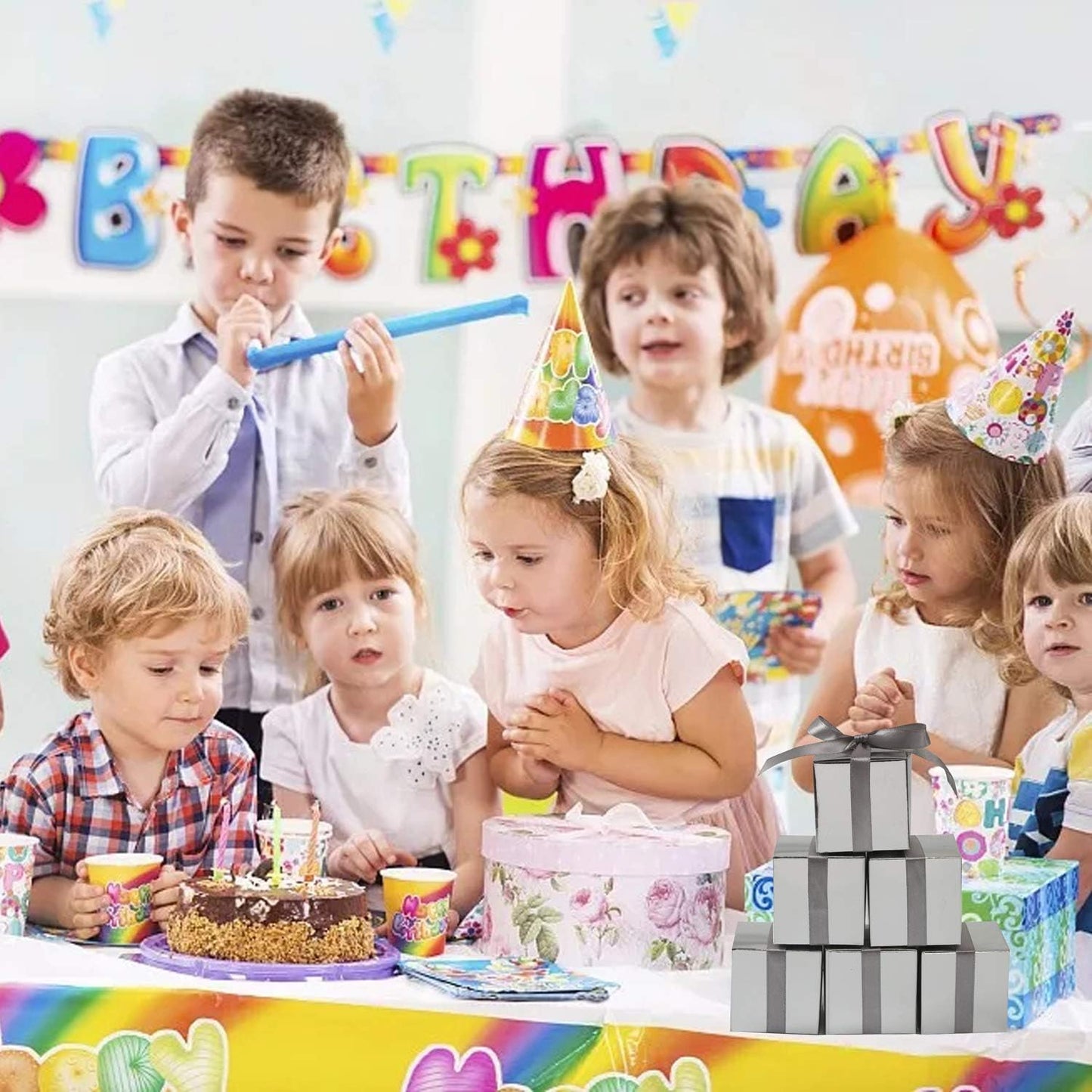 COTOPHER 100pcs Small Gift Boxes, Favor Boxes 2x2x2 inches Paper Gift Boxes with Ribbons Candy Box for Wedding Favors Baby Shower Bridal Shower Birthday Party (100 Metallic Silver)