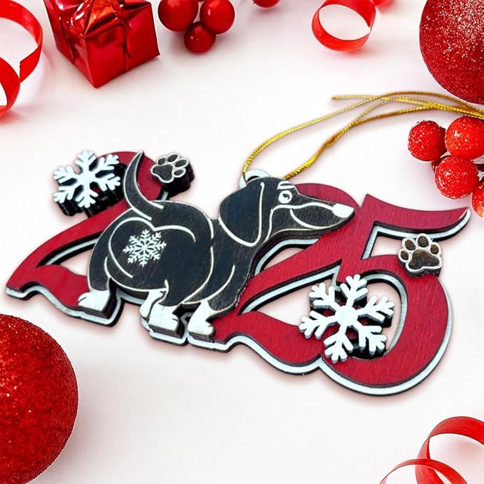 Black Dachshund 2025 Christmas Ornament – Cute Wooden Dog Tree Decoration with Snowflakes & Paw Prints for Dachshund Lovers, Pet Owner Christmas Décor