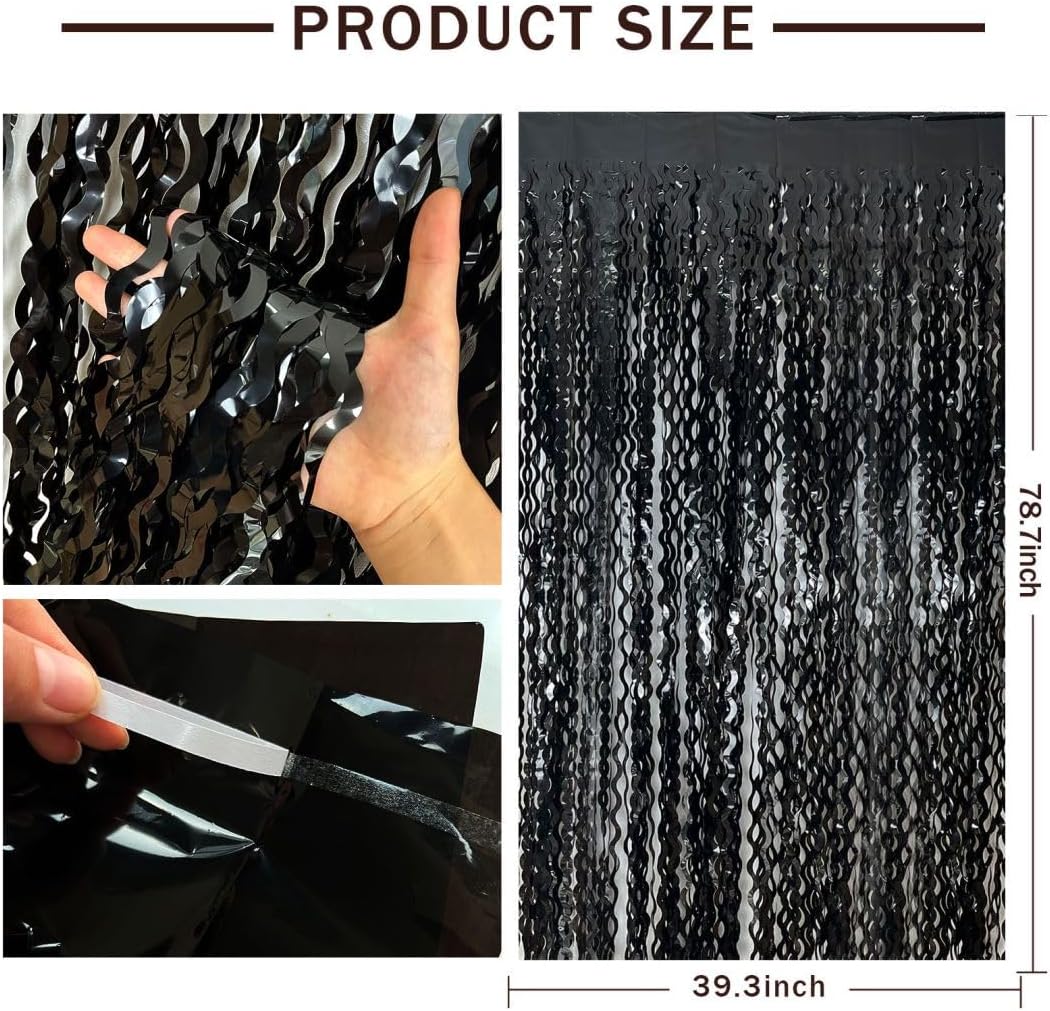 Black Backdrop for Party Decorations, Wave Foil Fringe Curtain Tinsel Photo Backdrop Black Streamers Tinsel Curtain for Birthday Wedding Bachelorette Christmas Celebration Party Decorations