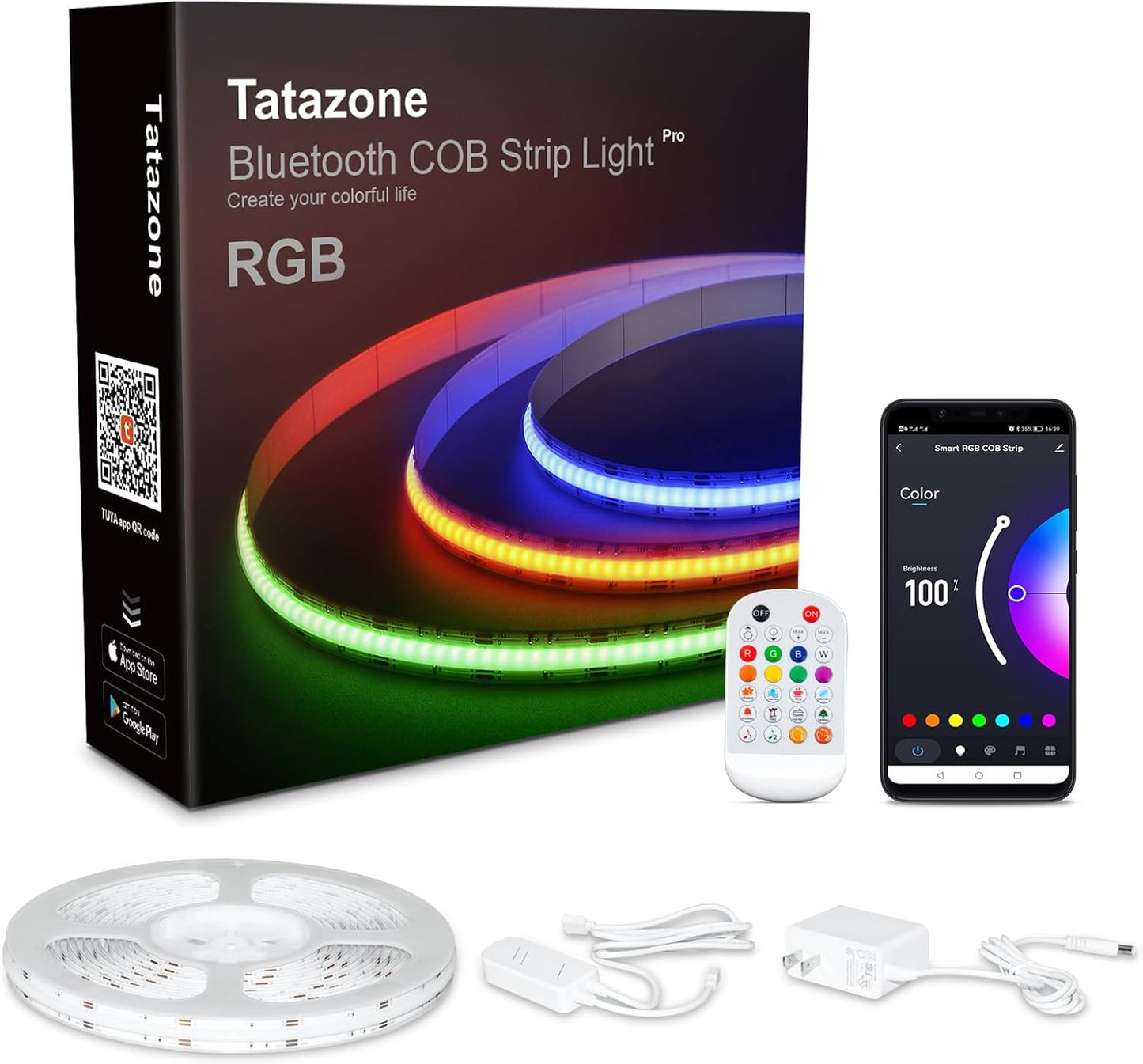 4.92ft Bluetooth RGB COB Led Strip Lights with Remote, Dimmable Smart App Led COB Light Strip, Color Changing Music Sync, Indoor RGB Led Lights for Bedroom, Home Decor, Party