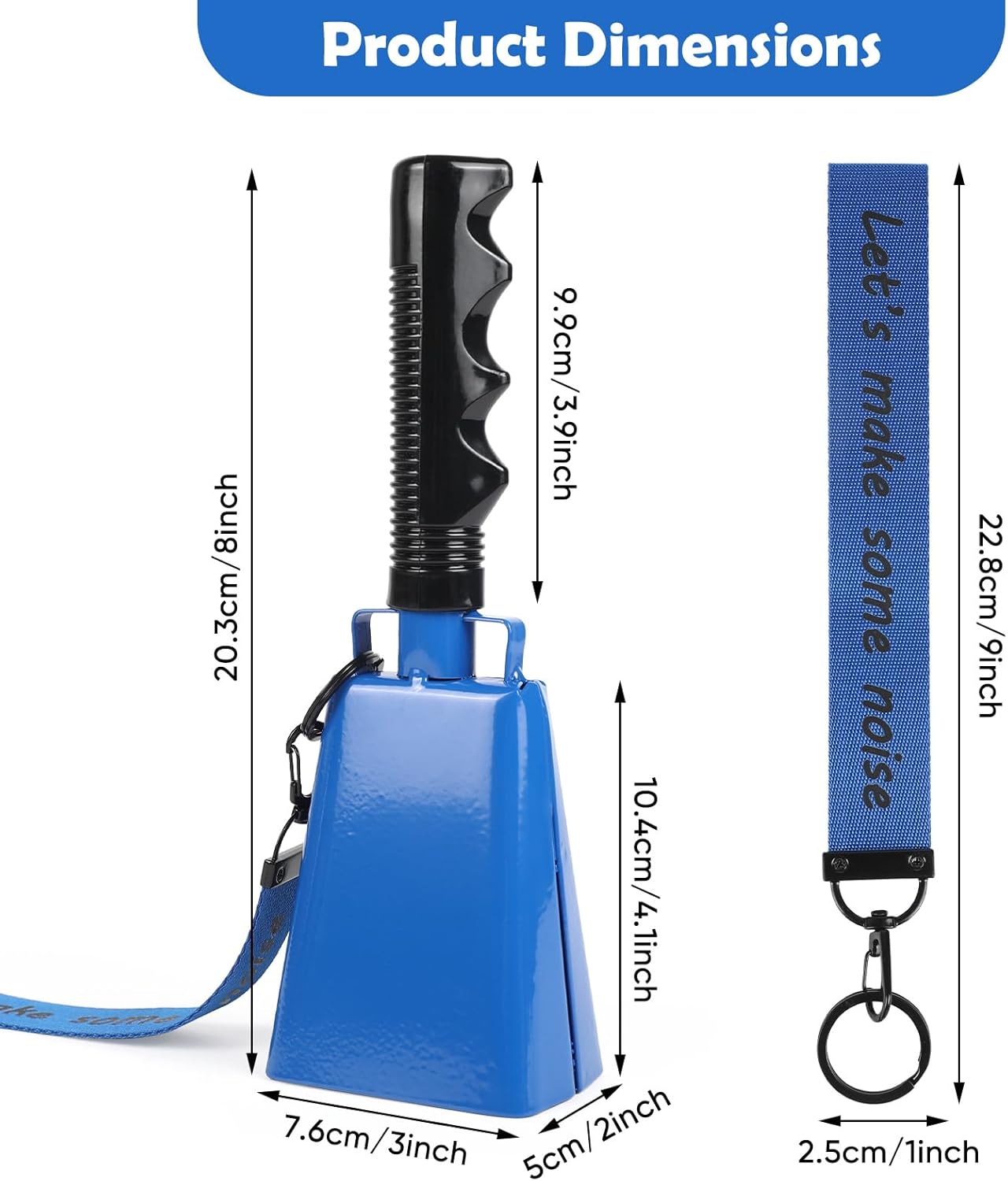 Cow Bells Noise Makers with Handle: Cowbells Hand Percussion for Sporting Events with Wrist Strap - 2pcs 8 Inch Large Loud Cheering Bell for Football Games Graduation (Blue)