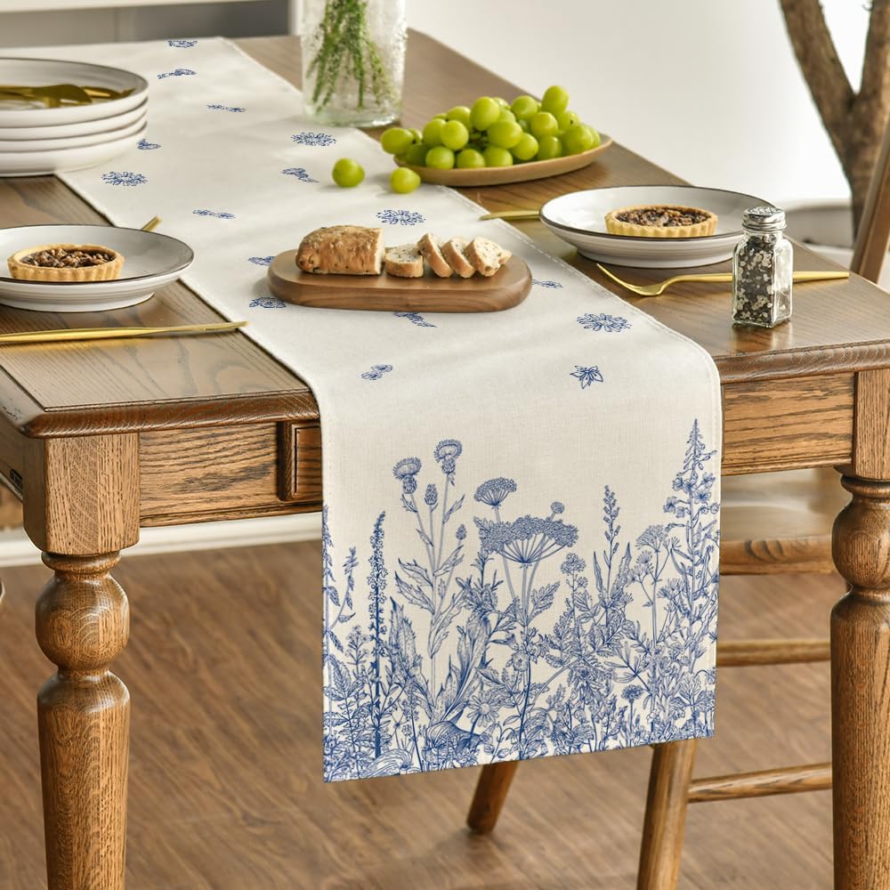 Artoid Mode Blue Antique Herbs and Wild Flowers Spring Table Runner, Seasonal Summer Kitchen Dining Table Decor for Home Party Decor 13x72 Inch
