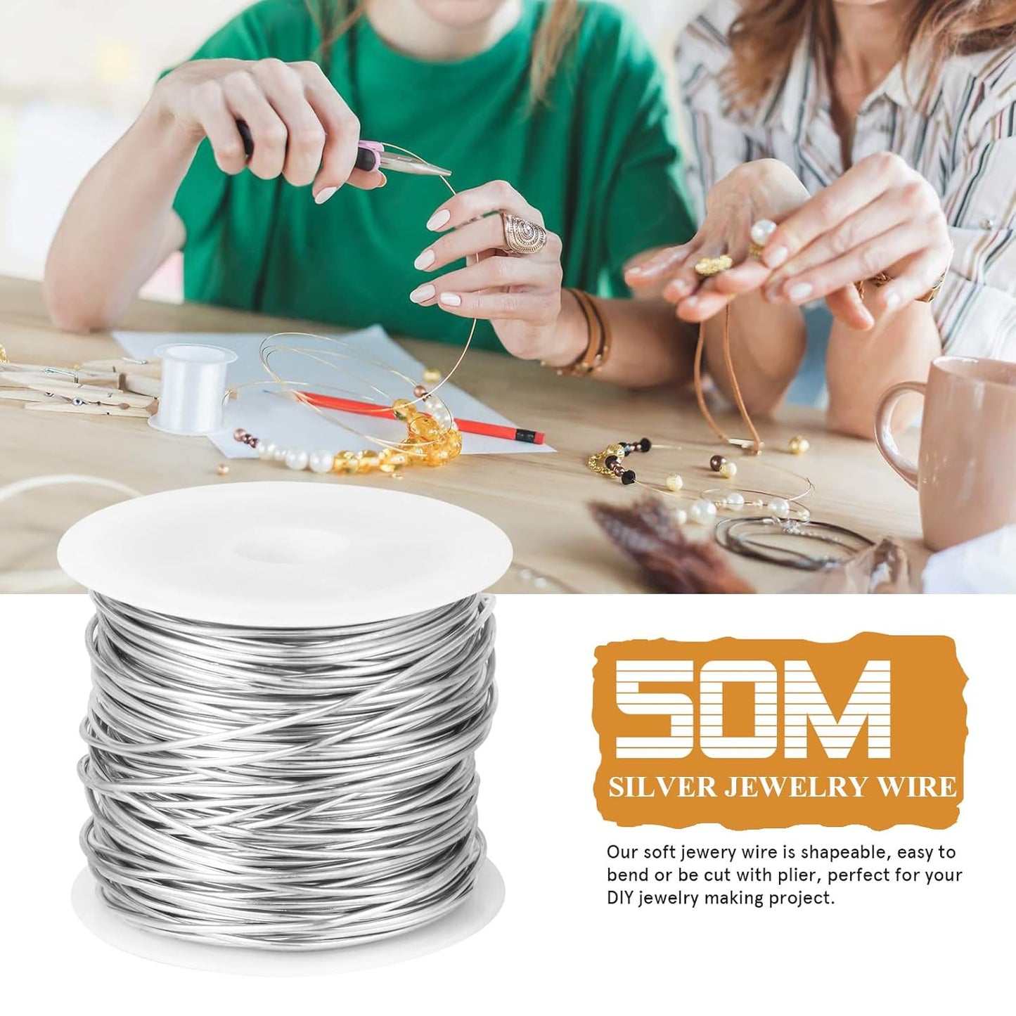 164FT Jewelry Wire 22 Gauge Tarnish-Resistant Copper Beading Wires Roll Bulk for DIY Crafts Jewelry Making, Silver Wire