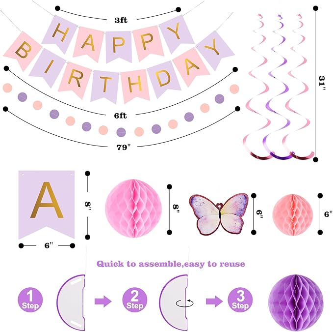 meowtastic Birthday Decorations, Happy Birthday Banner with Honeycomb Balls, Butterfly Hanging Swirl Streamers, Circle Dots Garland, Happy Birthday Party Decorations for Women Girls (Purple & Gold)