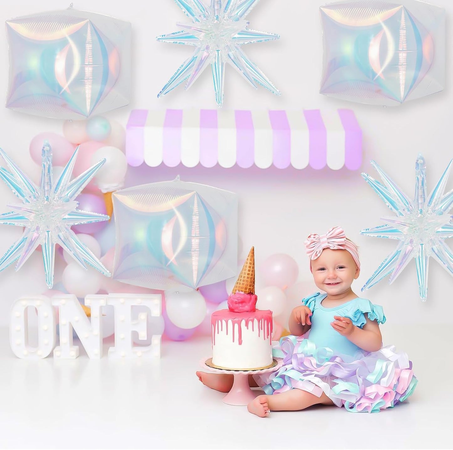 6Pcs Iridescent Foil Balloons, 22in Square Foil Balloons and Explosion Star Iridescent Balloon, Holographic Clear Cube Ball Balloon for Birthday Mermaid Rainbow Wedding Party Supplies