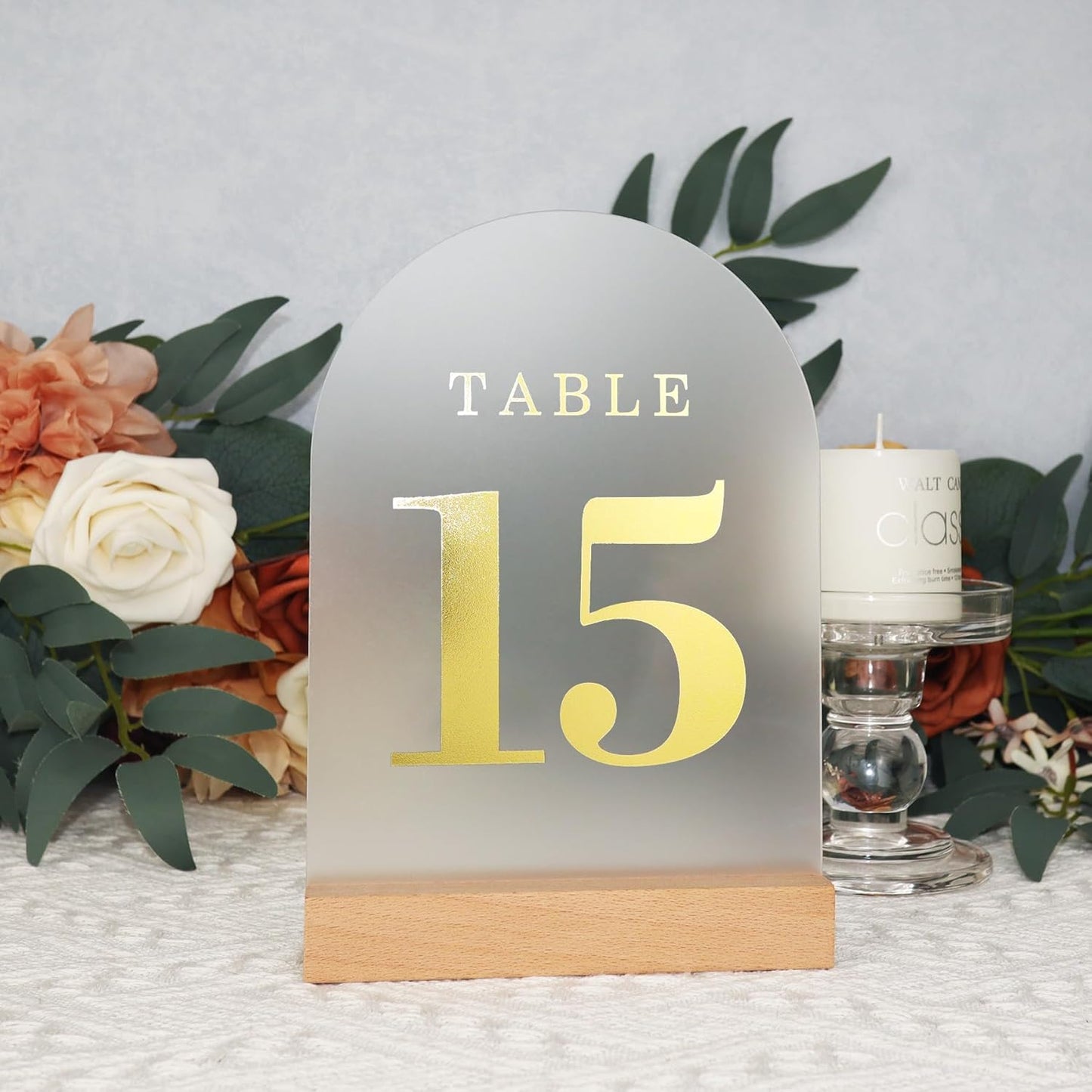 Wedding Table Numbers 1-15, Acrylic Arch Signs with Natural Wood Stands Holders, Rustic Table Decor for Reception & Parties (Frosted Gold)