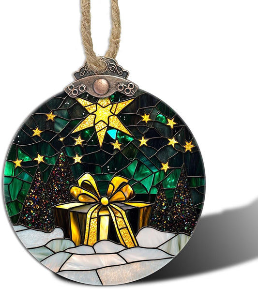 Stained Glass Christmas Decorations, Gold Star Suncatcher for Window Christmas Tree Hanging Ornaments Green Winter Night Scene Sun Catcher Xmas Decor Gifts for Women Men Mom Nana Friend