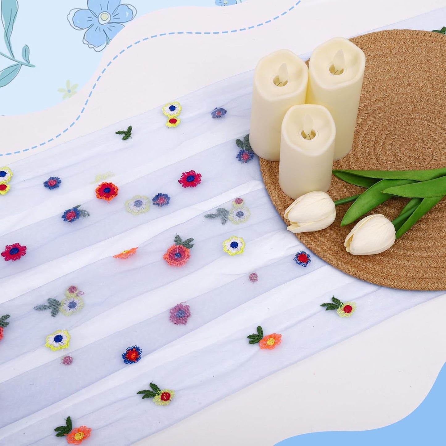 6PCS Blue Floral Table Runner 10 FT, Embroidery Daisy Table Runners Seasonal Sheer Tulle Table Runner for Thanksgiving Wedding Birthday Baby Shower Party ﻿