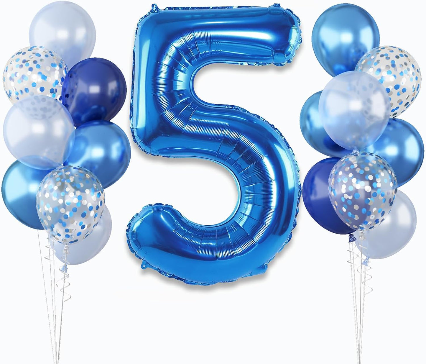 Large Foil Number 5 Balloons, 101cm Light Navy Blue 5 Helium Balloon with Metallic Silver Confetti Balloon for Kids 5th Birthday Party Decor, Mylar Self Inflating 5 Balloon for Graduation Decorations