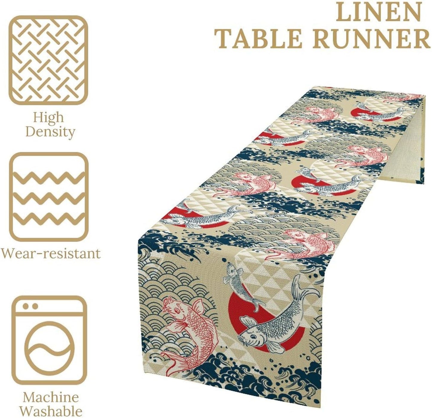 Japanese Table Runner Oriental Tradition Kio Fish Art Printed Burlap Runner Home Kitchen Dining Table Living Room Decor Fabric 1 Panel W13xL108in