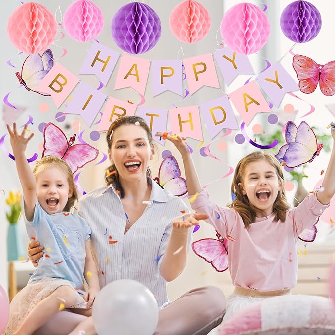meowtastic Birthday Decorations, Happy Birthday Banner with Honeycomb Balls, Butterfly Hanging Swirl Streamers, Circle Dots Garland, Happy Birthday Party Decorations for Women Girls (Purple & Gold)