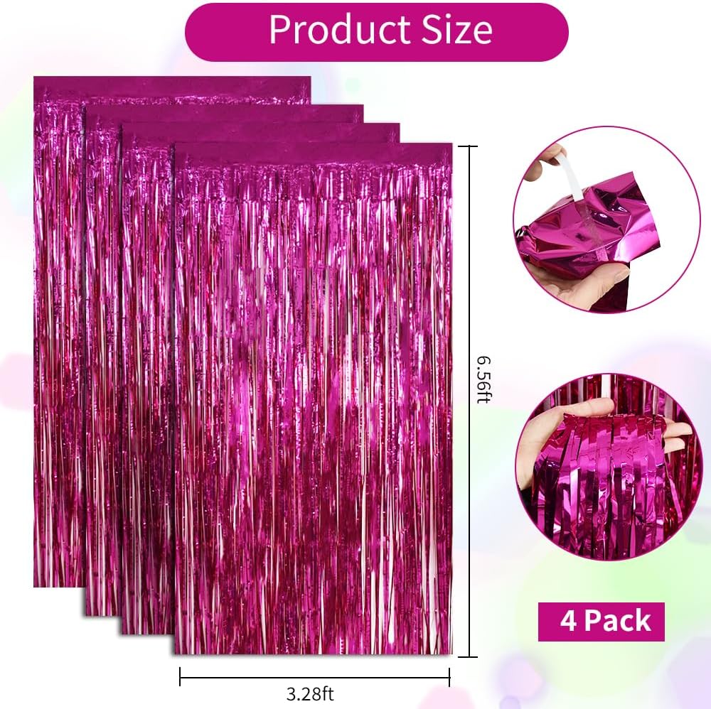 BEISHIDA 4 Pcs Hot Pink Rosered Door Streamers Curtain Party Streamers Backdrop Fringe Foil Wall Background for Party Decoration Photo Booth Props(3.28 ft x 6.56 ft)