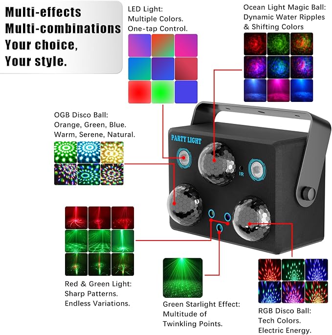 6-in-1 Disco Ball Party Lights with Sound Activation & Remote Control: Multi-Effect Lighting with Star Projector, Ocean Wave and LED Strobe for Home, Christmas, Birthday, Wedding, Bar and Club