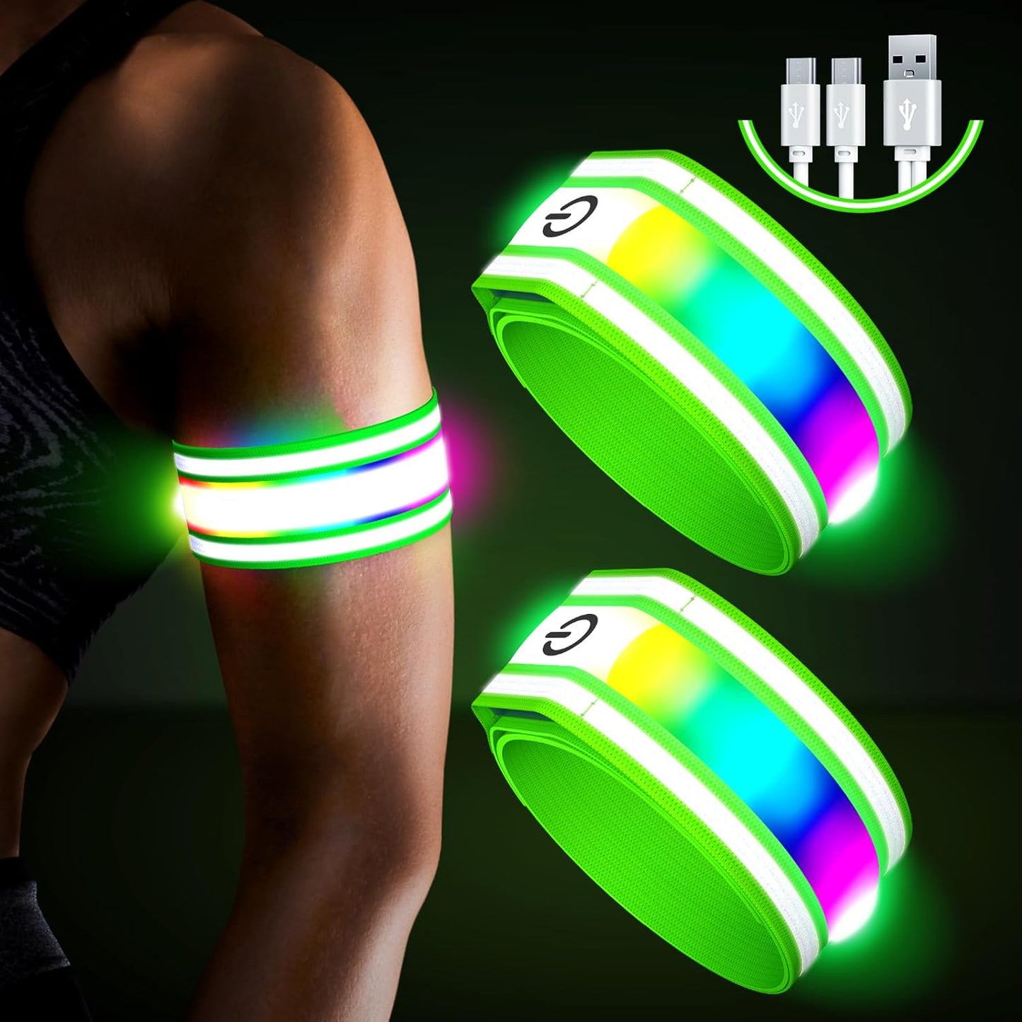 LED Armband for Running(2 Pack),Light Up Arm Bands for Night Walking Running,Rechargeable Lights for Runners,High Visibility Reflective Running Gear Adjustable Light Up Wristbands