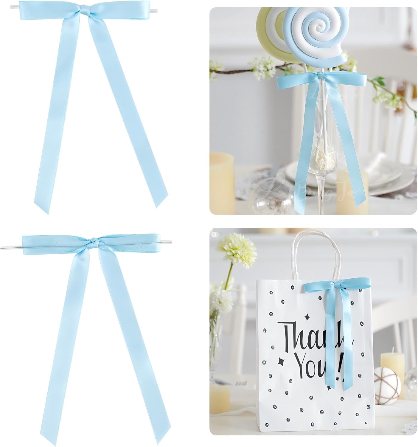 50 PCs Blue Bow 5 Inch Long Tail Bows for Gift Wrapping, Easter Bow Party Decorations, Twist Tie Bows, Satin Bows for Crafts, Premade Bows for Presents, Treat Bags, Bottles, Cakes