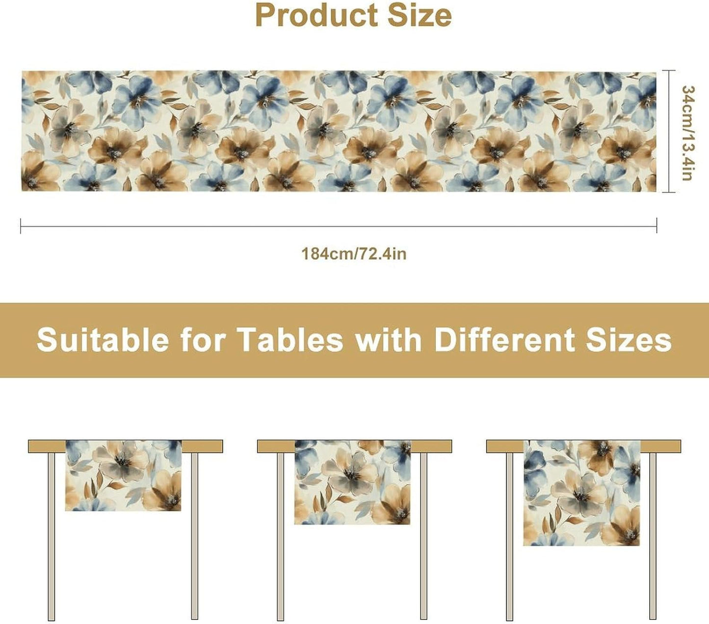 Poppy Floral Table Runner, Watercolor Brown Blue Flowers Blossom Summer Nature Table Runner for Kitchen Dinning Table Runner Decor Home Wedding Party Holiday, 13x108 Inch