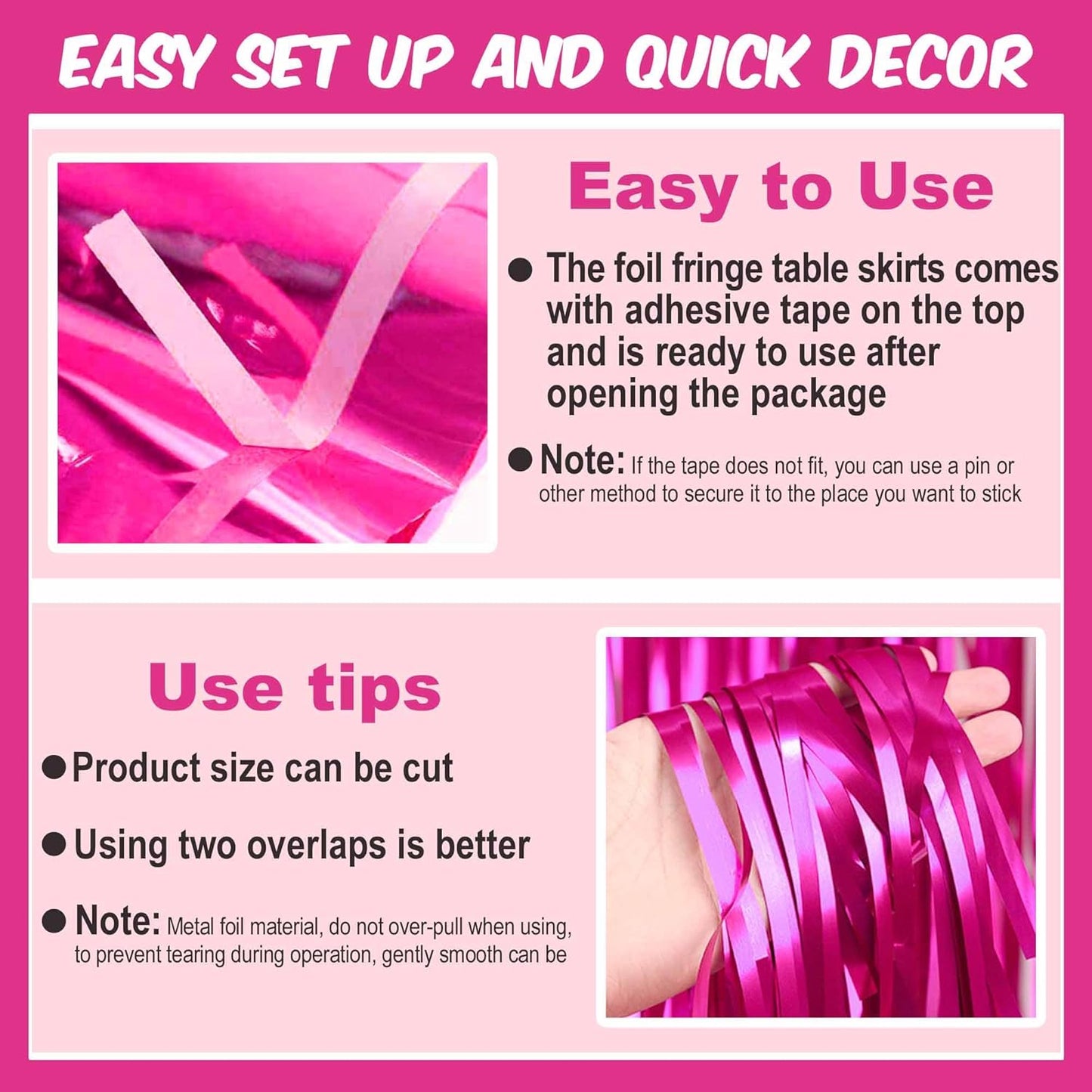 3 Pack Fuchsia Foil Fringe Table Skirts Metallic Tinsel Streamers Garland Banner Backdrop for Table Decor, Parade Float, Birthday, Wedding, Halloween, Christmas Party Decorations(29x108 In)