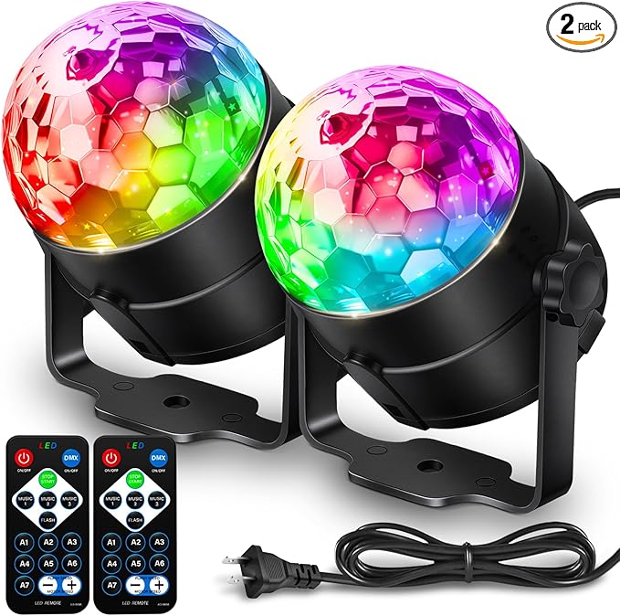 [2-Pack] Disco Ball DJ Party Lights Sound Activated with Remote Control Strobe Lamp 7 Modes Stage Light for Home Room Dance Parties Karaoke Halloween Christmas Birthday Decorations