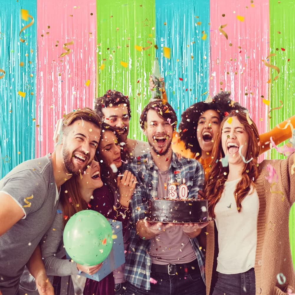 BEISHIDA 2Pcs Blue Pink Green Door Streamers Pastel Colors Foil Fringe Curtains Photo Backdrop for Wedding Party Birthday Stage Bridal Shower Decor(3.28 ft x 6.56 ft)