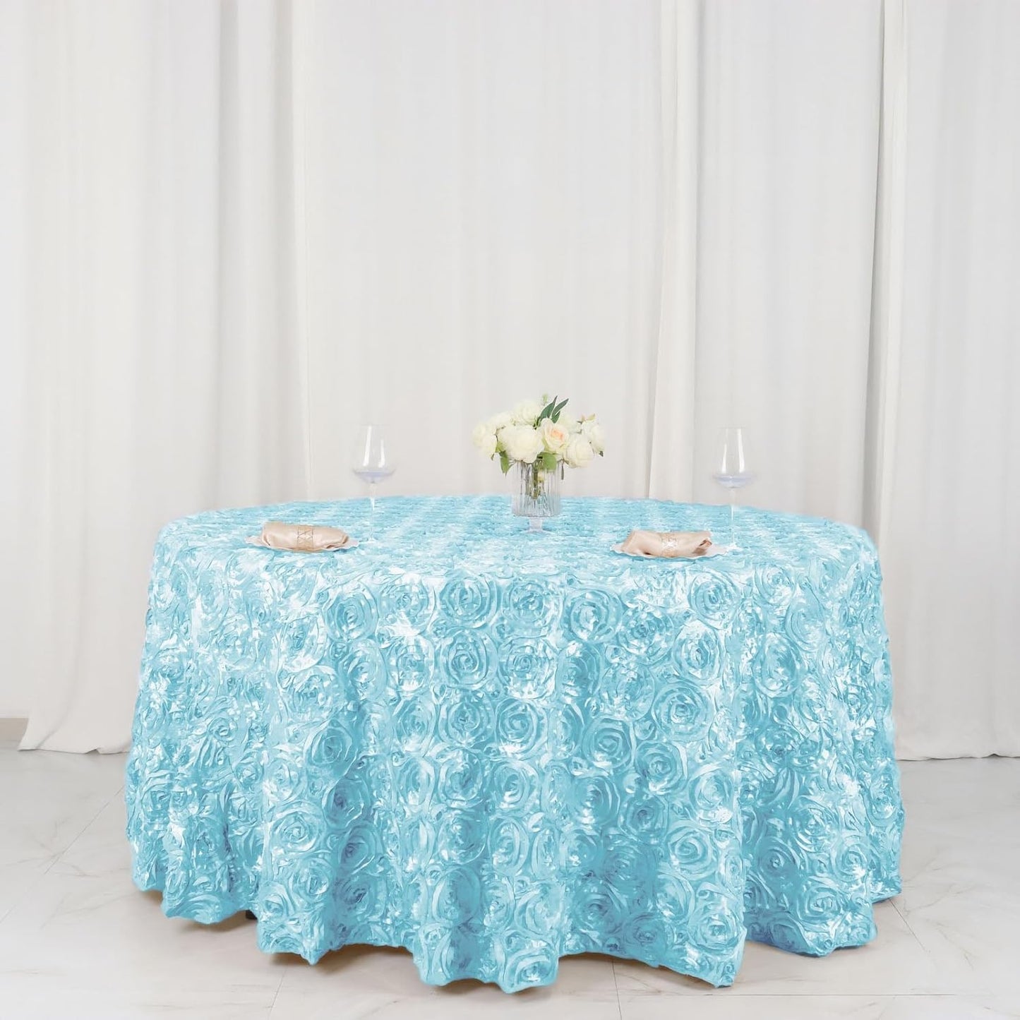 Efavormart 120" Wholesale Round Table Cover Light Blue Grandiose Rosette 3D Satin Tablecloth for Wedding Party Event Decoration