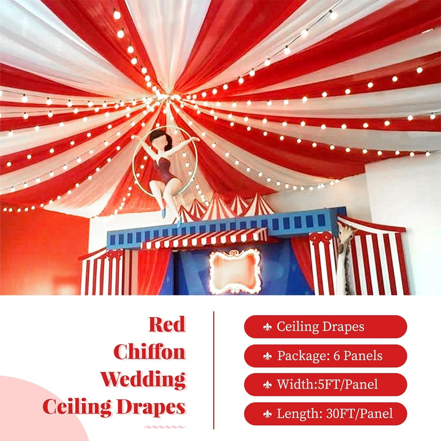 6 Panels Red Wedding Ceiling Drapes 5ftx30ft Ceiling Drapes Chiffon Fabric Arch Draping Sheer Curtains Soft Drapery Draping Wedding Ceiling Decorations for Party Ceremony Stage Swag