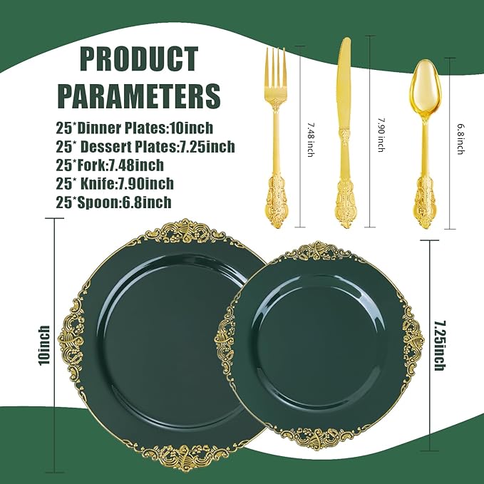125PCS Green and Gold Plastic Plates - Fancy Green Disposable Plates - Vintage Plate with Gold Plastic Silverware Set for 25 Guests for Party Wedding Holiday