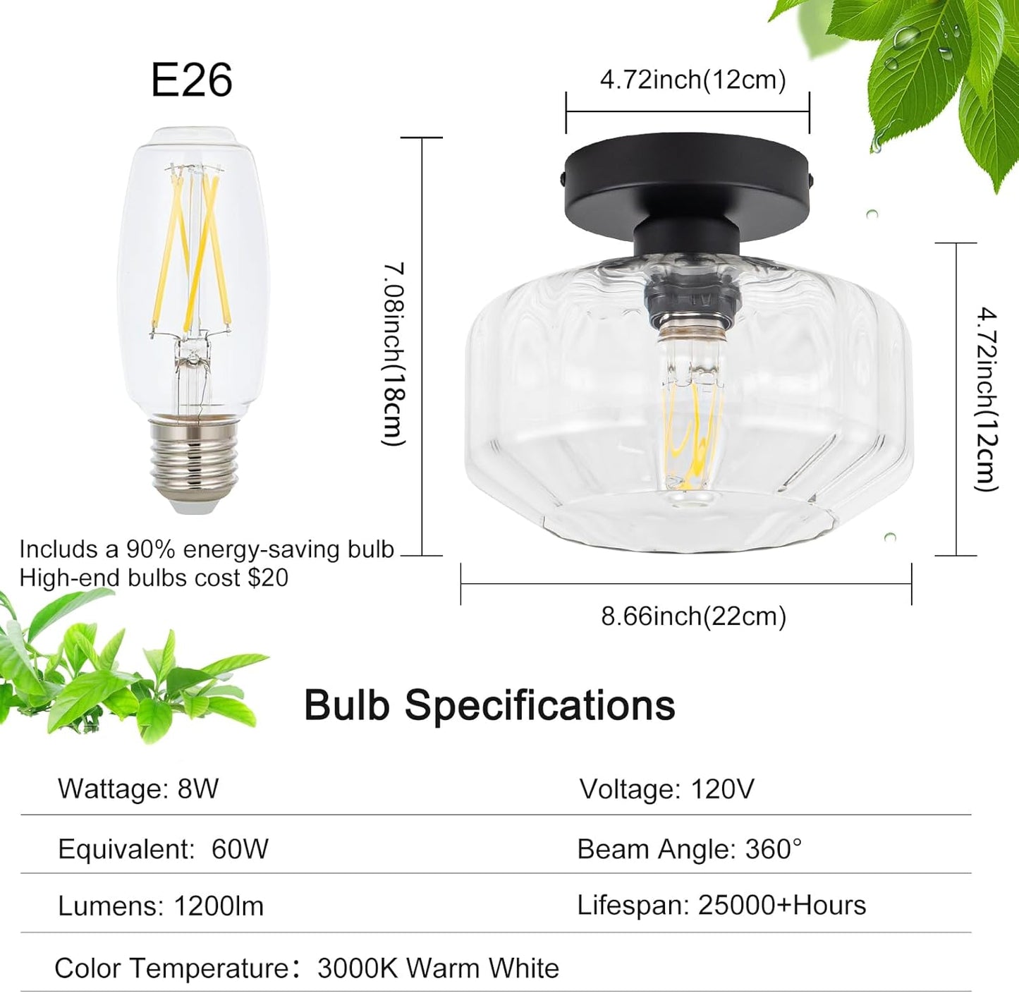 Semi Flush Mount Ceiling Light with Hexagonal Diamond Textured Glass, Matte Black Base & Includes 1200LM LED Bulb - Kitchen Lighting, Hallway Light Fixture, Bathroom Ceiling Light Fixture