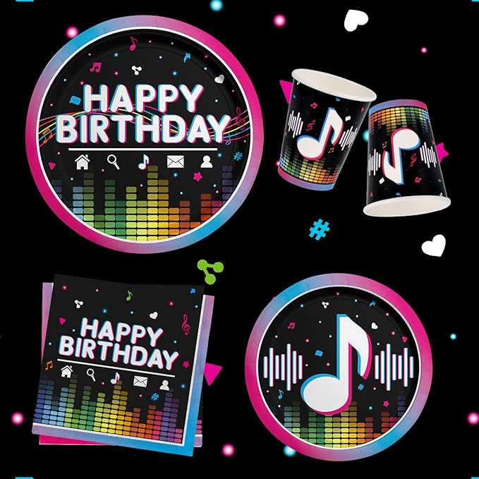 Music Party Supplies Disposable Paper Plates Napkins Cups Tablecloth and Banner for Girls Boys Music Party Birthday Decorations, Serve 25.