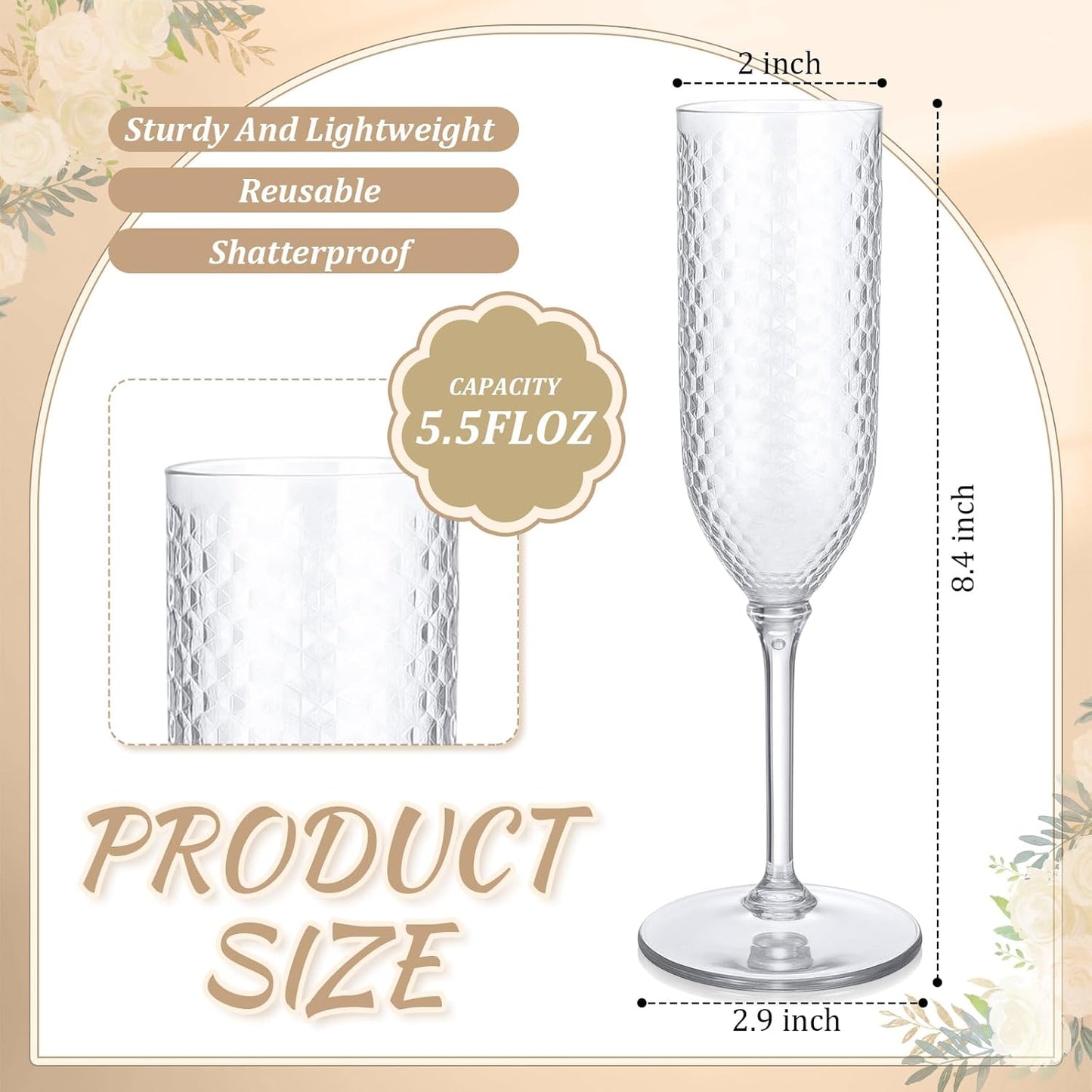 Remerry 48 Pack Detachable Plastic Champagne Flutes 5.5 oz Champagne Glasses Bulk Disposable Mimosa Glasses Reusable Wine Cups for Wedding Toasting Baby Shower Birthday Party New Years (Clear)