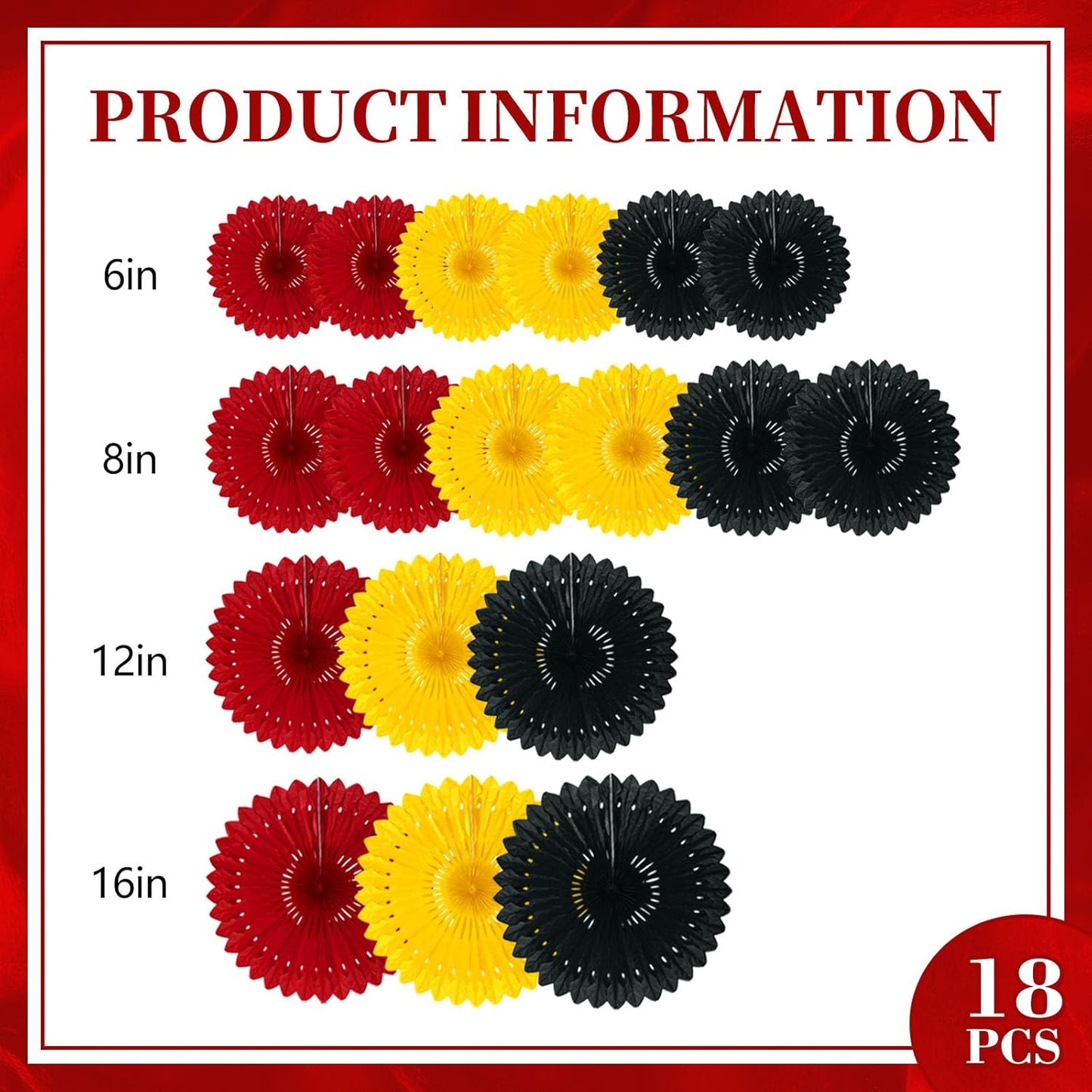 18 Pcs Red Yellow Black Hanging Paper Fan, Hanging Honeycomb Round Paper Fans for Weddings, Birthdays, Christmas, Baby Showers, Classroom, Events Ceiling Party Supplies Decorations