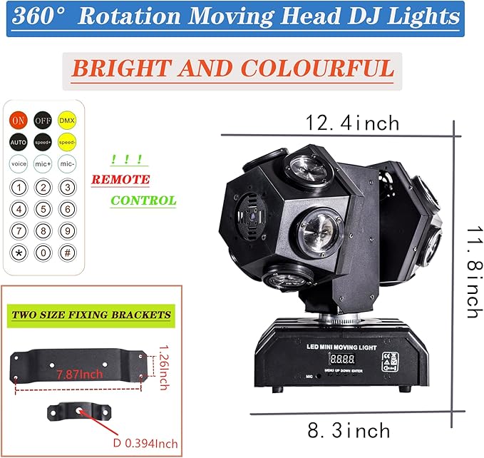 Remote Control Moving Head DJ Light 12LEDs Rotating Stage Beam Lights Uplighting Pinspot Lights for DJ KTV Disco Party Wedding Concert Festival