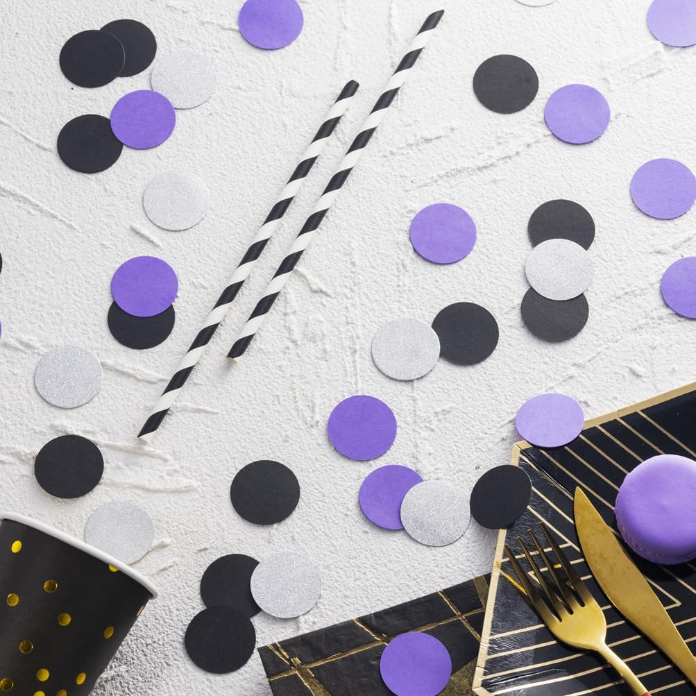 Purple Black and Silver Confetti Table Decoration for Birthday Retirement Halloween Graduation Horror Theme Party,1.2 inch in Diameter,200 Counts