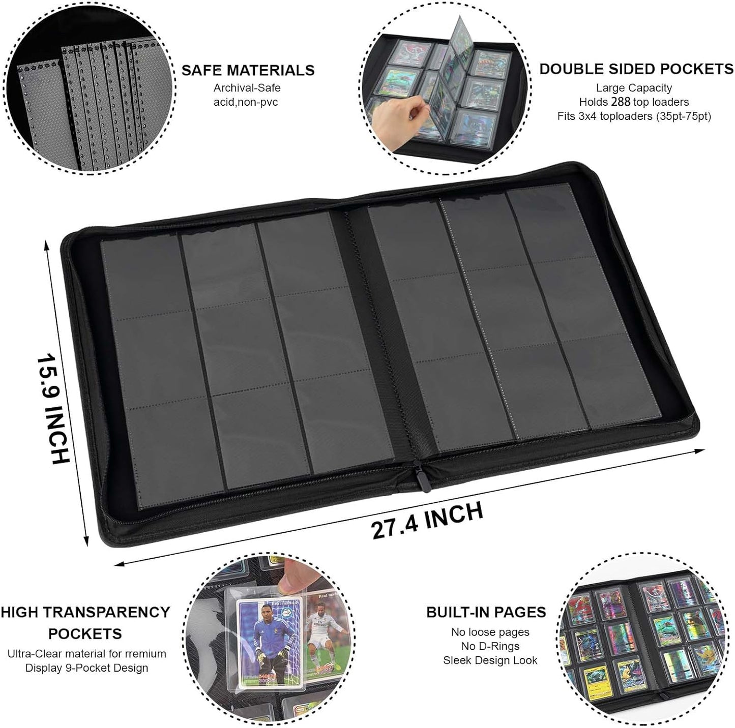 Toploader Binder with 9-Pocket Pages, Holds 288 "3×4" Rigid Toploader Hard Cases, Card Holder for Collectible Cards or Sports Cards, Durable Sleeves for Storage & Display (Navy)