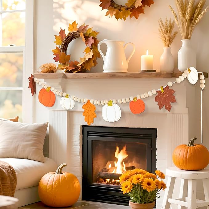 Fall Decorations for Home Felt Pumpkin Garland and Wood Bead Felt Pumpkins Hanging Garland Maple Leaf Banner for Thanksgving Decorations Indoor Fall Harvest Festival Halloween Wall Decor (8.2ft)