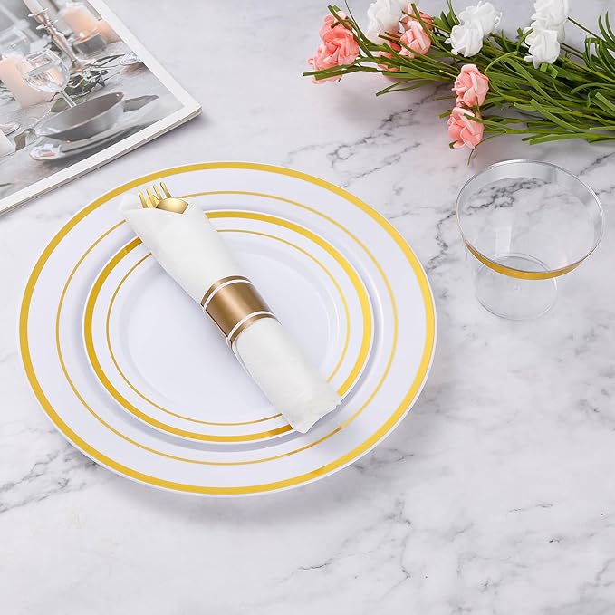 Goodluck 100 Pack Pre Rolled Gold Plastic Silverware, Wrapped Plastic Cutlery Set with Napkin Include 100 Forks, 100 Knives, 100 Spoons and 100 Napkins, Disposable Silverware for Party, Wedding