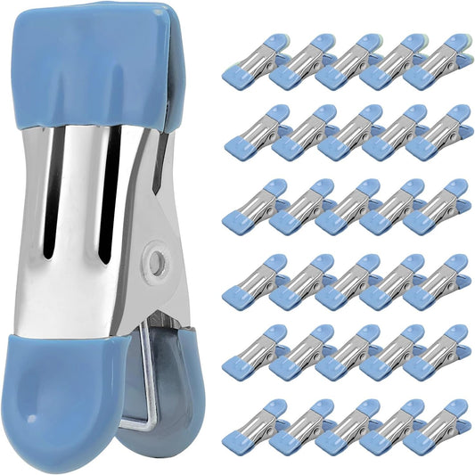 Clothes Pins Heavy Duty 30 Pack - 2.17 Inch Metal Chip Clips, Clothespins for Photo Drying Clothesline Laundry Sock, Bag Clips for Food Kitchen Stainless Steel with Rubber, Blue