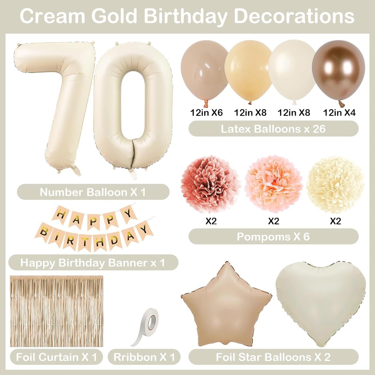 Beige 70th Birthday Decorations for Women Cream Number 70 Balloon Nude Gold Happy Birthday Banner Fringe Curtain Paper Pom Poms Blush White Sand Champagne Star Foil Balloons Neutral Boho Party Decor