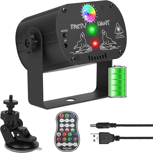 Party Lights DJ Disco Light, RGB LED Strobe Light, Battery Powered Sound Activated Projector with Remote Control for Christmas Halloween Decorations Birthday Stage Show Dance Wedding