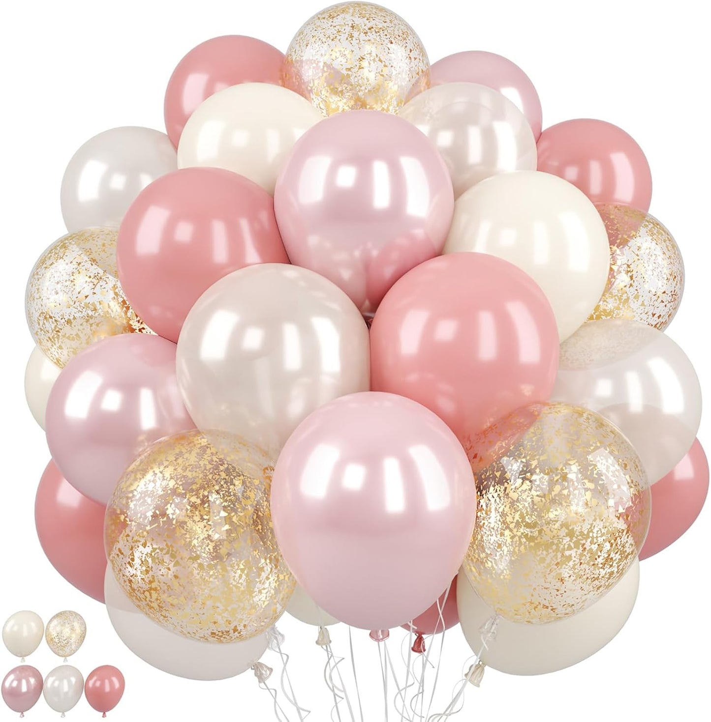 Pink and Gold Balloons, 50Pcs 12 Inch Retro Blush Pink Cream White Double Stuffed-pink Metallic Gold Confetti Boho Ballon for Birthday Bridal Shower Wedding Party Decorations