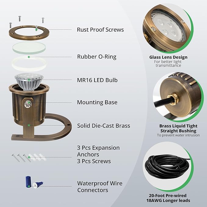 GKOLED Solid Brass Underwater Light, Low Voltage LED Pond Lights, Submersible Fountain Lighting with 5W 2700K 410LM MR16 Bulb, 9-15V AC/DC Outdoor Landscape Light, IP68 Rated Pool Spotlights, 2 Pack