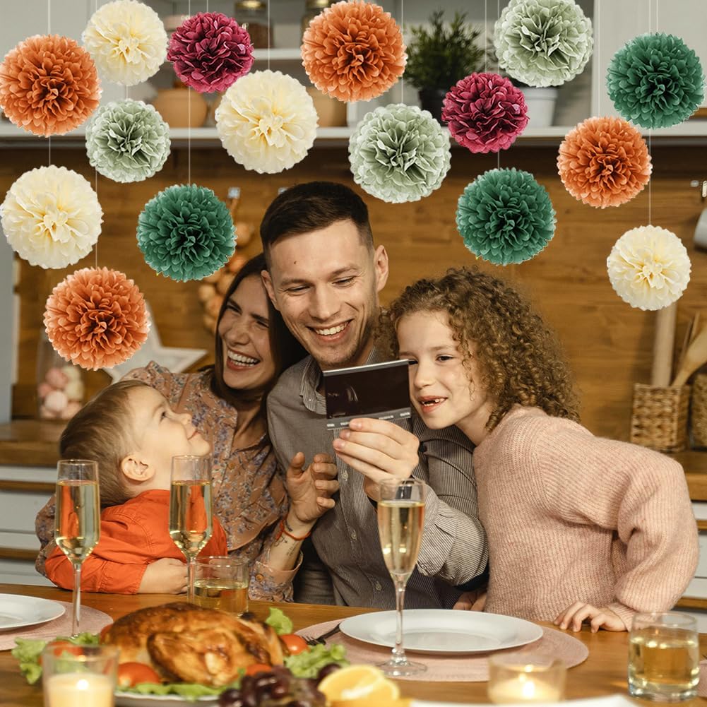Fall Party Decorations 16pcs Orange Green Tissue Pom Pom Decorations Burgundy Sage Green Fall Decorations for Autumn Bridal Shower Baby Shower Wedding Birthday Engagement Party Decorations