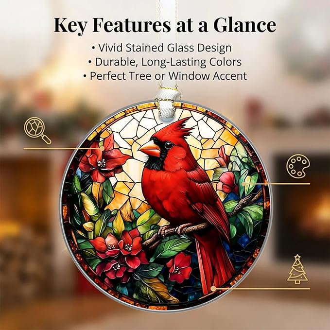 Cardinal Christmas Ornaments 2025, Stained Glass Christmas Tree Decorations, Exchange for Women, Men, Collectible Dated Year Ornaments for Tree - Glass Hanging Ornament