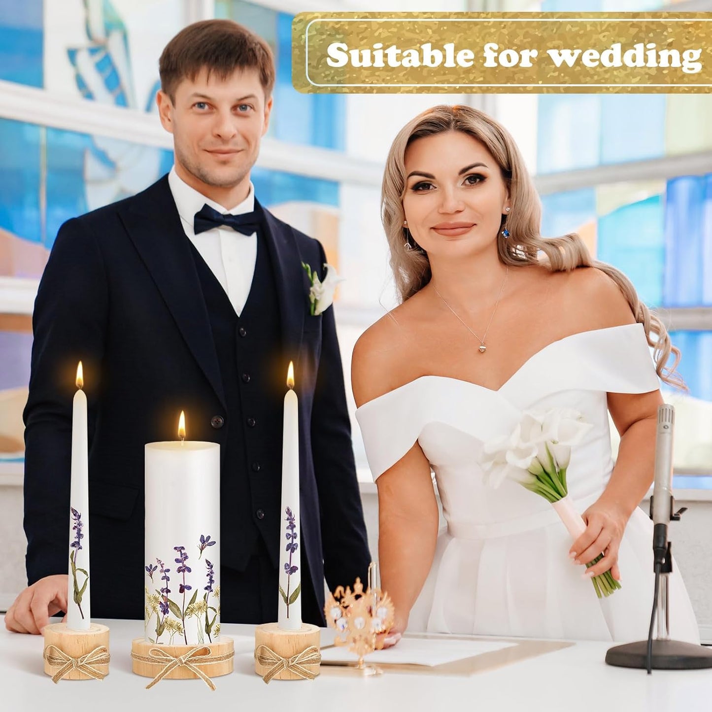 Irenare Unity Candles with Holder for Wedding Ceremony Wedding Decortions Accessories Glass Candle Holder Pillar Candle for Formal Events Church(Flower)