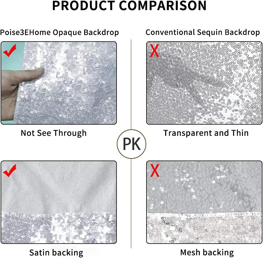 Poise3EHome 8Ft x 8Ft Silver Sequin Backdrop, Glitter Thick Satin Background Drapes, Sparkly Opaque Photography Curtain Backdrop for Wedding Party Festival Decor